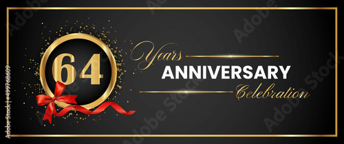 64 Years Anniversary Celebration Gold and Black Color Vector. anniversary celebration logotype with elegant modern number gold color for celebration, gold anniversary celebration, bow, ribbon, luxury.