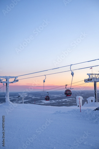 Ski lift and sunset at Finnish Lapland