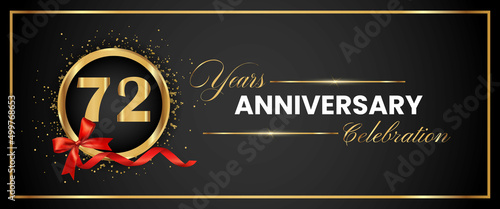 72 Years Anniversary Celebration Gold and Black Color Vector. anniversary celebration logotype with elegant modern number gold color for celebration, gold anniversary celebration, bow, ribbon, luxury.