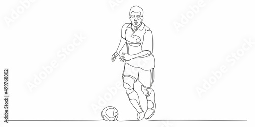 Football, soccer player kicking ball, side view. Isolated vector black and white one continuous line silhouette. Silhщuette of football or soccer defender, striker or goalkeeper. Vector clipart 