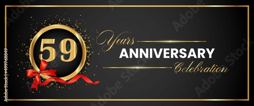 59 Years Anniversary Celebration Gold and Black Color Vector. anniversary celebration logotype with elegant modern number gold color for celebration, gold anniversary celebration, bow, ribbon, luxury.