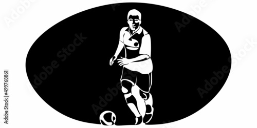 Football, soccer player kicking ball, side view. Isolated vector black and white one continuous line silhouette. Silhщuette of football or soccer defender, striker or goalkeeper. Vector clipart 