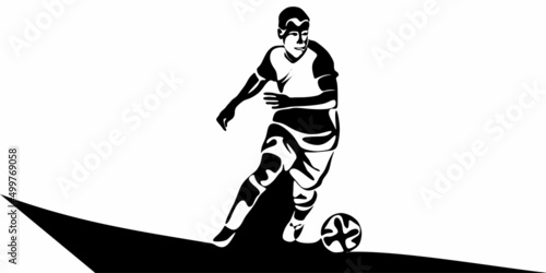 Football, soccer player kicking ball, side view. Isolated vector black and white one continuous line silhouette. Silhщuette of football or soccer defender, striker or goalkeeper. Vector clipart 