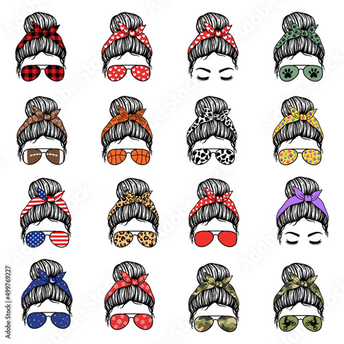Big set of Messy Bun. Women with aviator glasses, bandana. Messy Bun Mom Lifestyle. Vector illustration. Isolated on white background. Good for posters, t shirts, postcards.