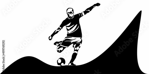 Football, soccer player kicking ball, side view. Isolated vector black and white one continuous line silhouette. Silhouette of football or soccer defender, striker or goalkeeper. Vector clipart 