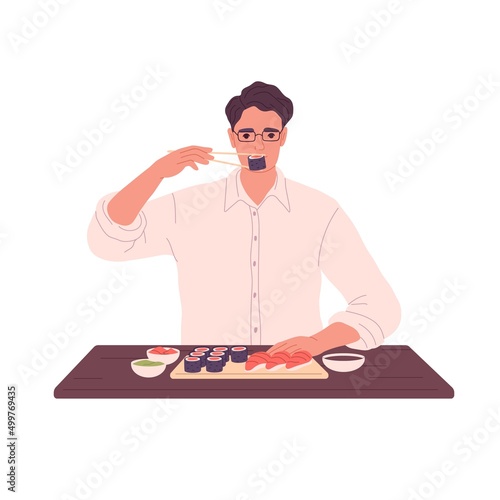 Man eating sushi set, Asian food. Person having lunch, meal with Japanese chopsticks, sitting at dining table with nigiri, rolls, sauces on board. Flat vector illustration isolated on white background