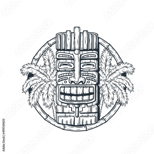 Tiki mask with tropical leaves of palm for summer hawaii surfing and beach tiki bar