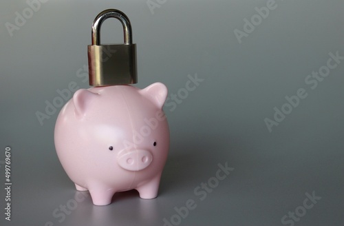 Padlock on top of piggy bank with copy space. Confiscation, account freeze, financial embargo.