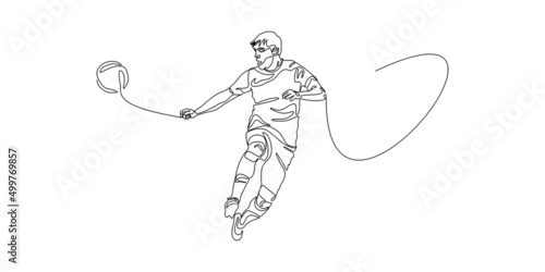 Football, soccer player kicking ball, side view. Isolated vector black and white one continuous line silhouette. Silhщuette of football or soccer defender, striker or goalkeeper. Vector clipart 
