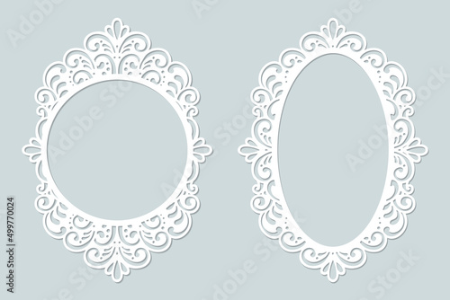 Lace frames set, oval photo frames laser cut templates, decor elements isolated, vector.
