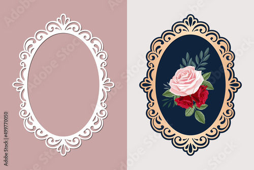 Lace oval frame cut template, Vintage background with rose flower in an openwork frame, vector.