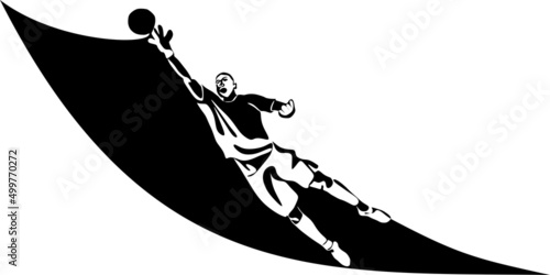 Football, soccer player kicking ball, side view. Isolated vector black and white one continuous line silhouette. Silhщuette of football or soccer defender, striker or goalkeeper. Vector clipart  photo