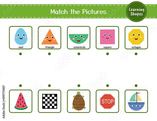 Shapes matching game for kids. Find the correct objects puzzle. Learning shapes activity page for preschool. Vector illustration