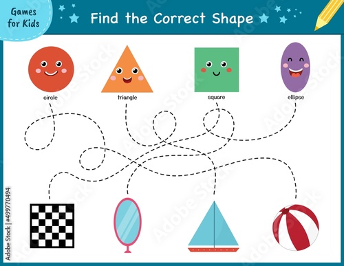 Find the correct shape. Maze game for kids. Learning shapes activity page for preschool. Puzzle template for handwriting practice. Vector illustration photo