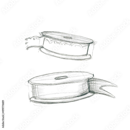 Bilde på lerret Hand-drawn graphite pencil sketch of bobbin with satin ribbon and lace