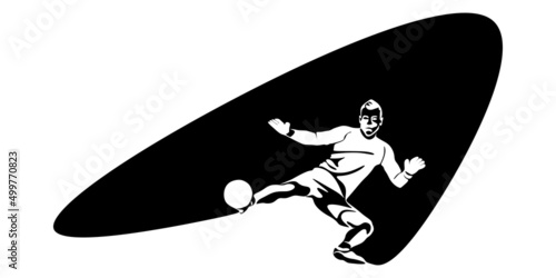 Football, soccer player kicking ball, side view. Isolated vector black and white one continuous line silhouette. Silhщuette of football or soccer defender, striker or goalkeeper. Vector clipart 