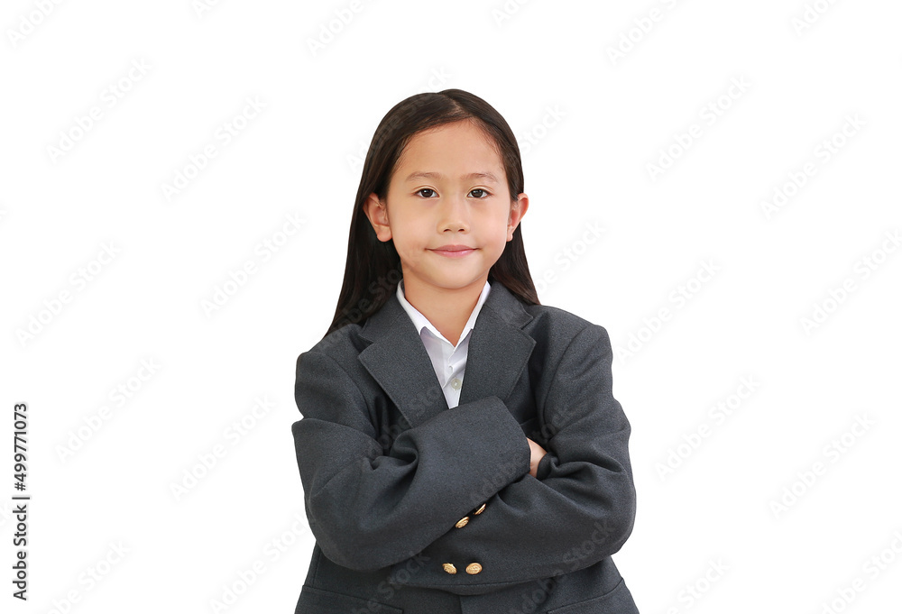 Smiling Asian little girl kid wear formalwear shirt, business suit wearing and keep arms crossed looking at camera on white background, Image with Clipping path Smiling Asian little girl kid wear formalwear shirt, business suit wearing and keep arms crossed looking at camera on white background, Image with Clipping path