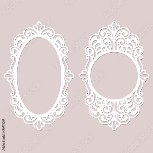 Laser cut lace frames set, photo or picture frame templates, decor elements isolated, vector.
