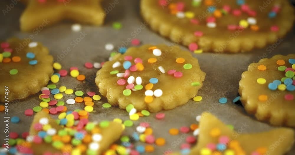Close-up. Shortbread cookies and gingerbread in the shape of a circle, lying on parchment on a baking sheet, sprinkled with colorful decoration Close-up. Shortbread cookies and gingerbread in the shape of a circle, lying on parchment on a baking sheet, sprinkled with colorful decoration