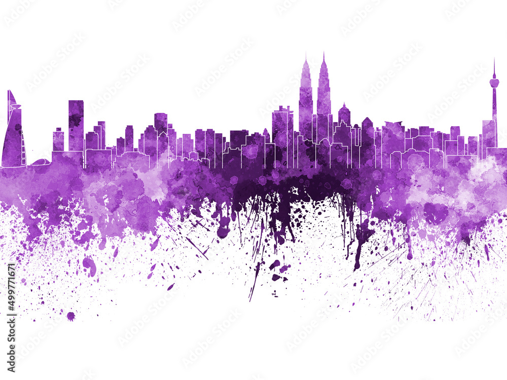 Kuala Lumpur skyline in purple watercolor on white background