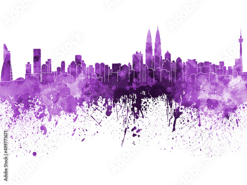 Kuala Lumpur skyline in purple watercolor on white background