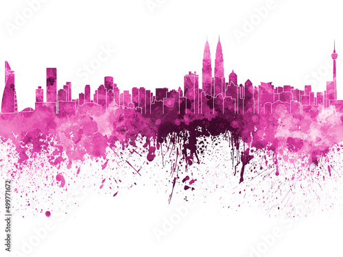 Kuala Lumpur skyline in pink watercolor on white background