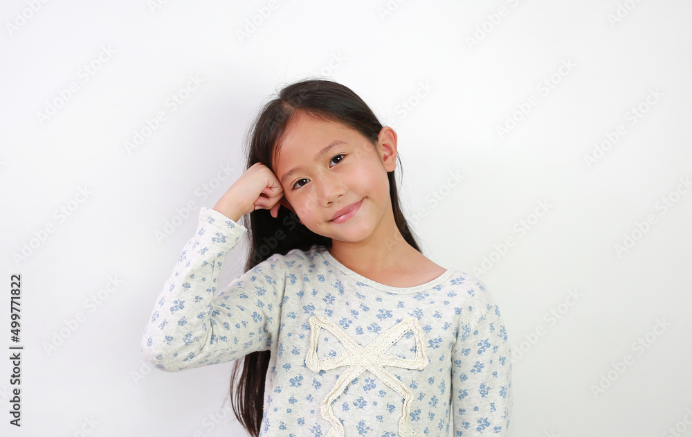 Portrait of smiling Asian young girl put stranglehold on head with looking at camera on white background. Portrait of smiling Asian young girl put stranglehold on head with looking at camera on white background.