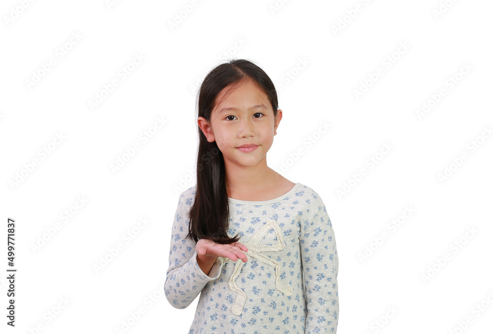Beautiful Asian young girl kid with hand holding long black hair and looking at camera isolated on white background. Beautiful Asian young girl kid with hand holding long black hair and looking at camera isolated on white background.