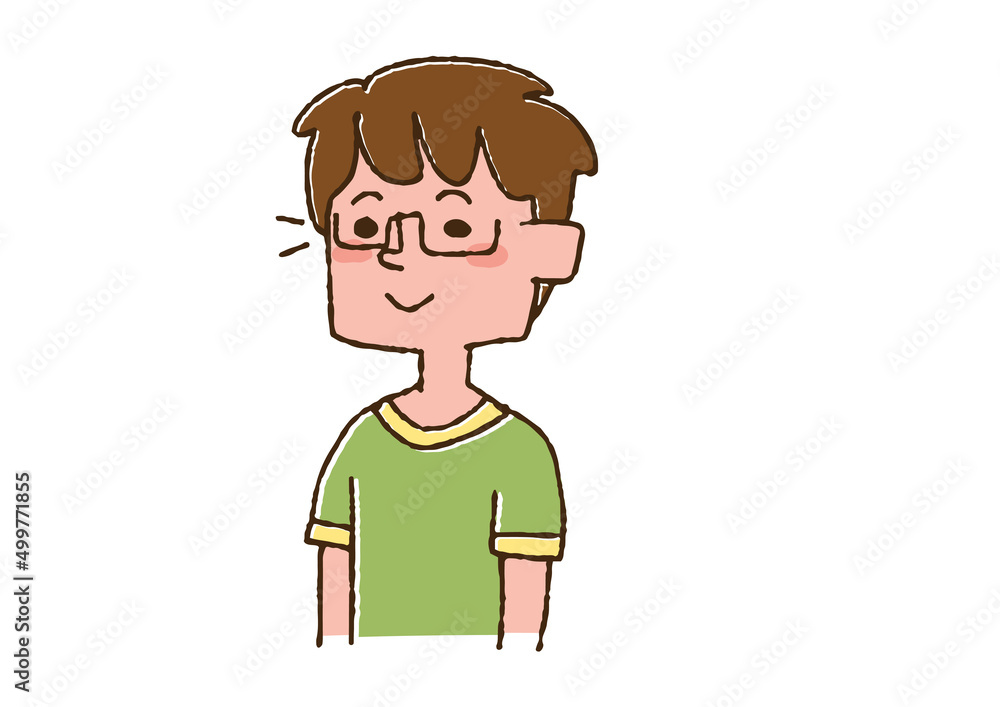 メガネをしている男の子　コミカルな手書きの人物　ベクター、線画にカラー