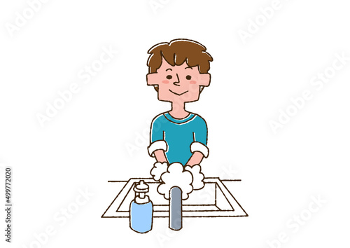 石鹸をつけて手を洗っている男の子　コミカルな手書きの人物　ベクター、線画にカラー