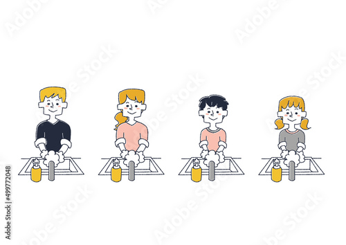 石鹸をつけて手を洗っている人々のセット　コミカルな手書きの人物　ベクター、線画にカラー