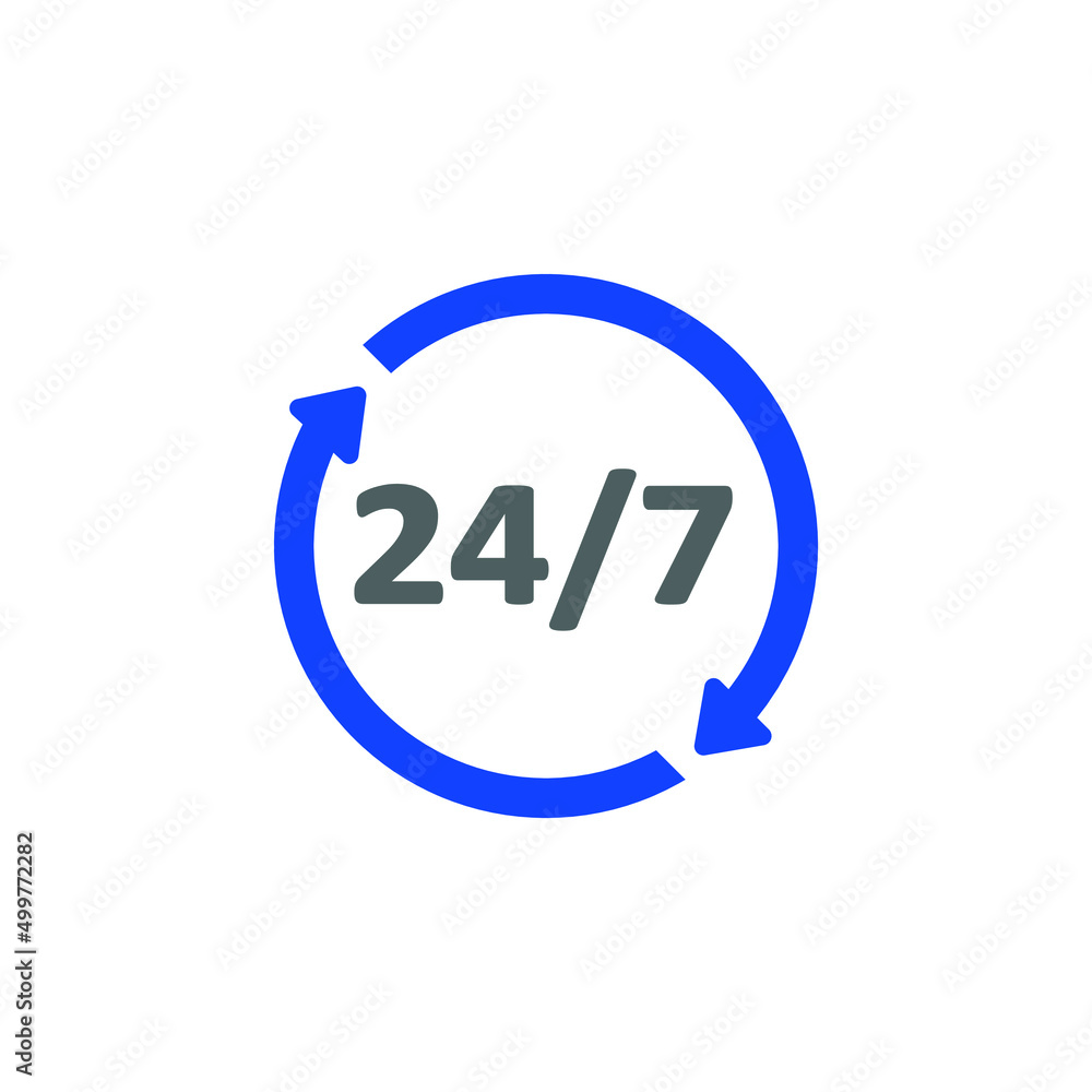 24 / 7 icon illustration. Vector symbol with continuous arrows in circle. Business or service provided twenty four hours a day, seven days a week. 24 / 7 icon illustration. Vector symbol with continuous arrows in circle. Business or service provided twenty four hours a day, seven days a week.