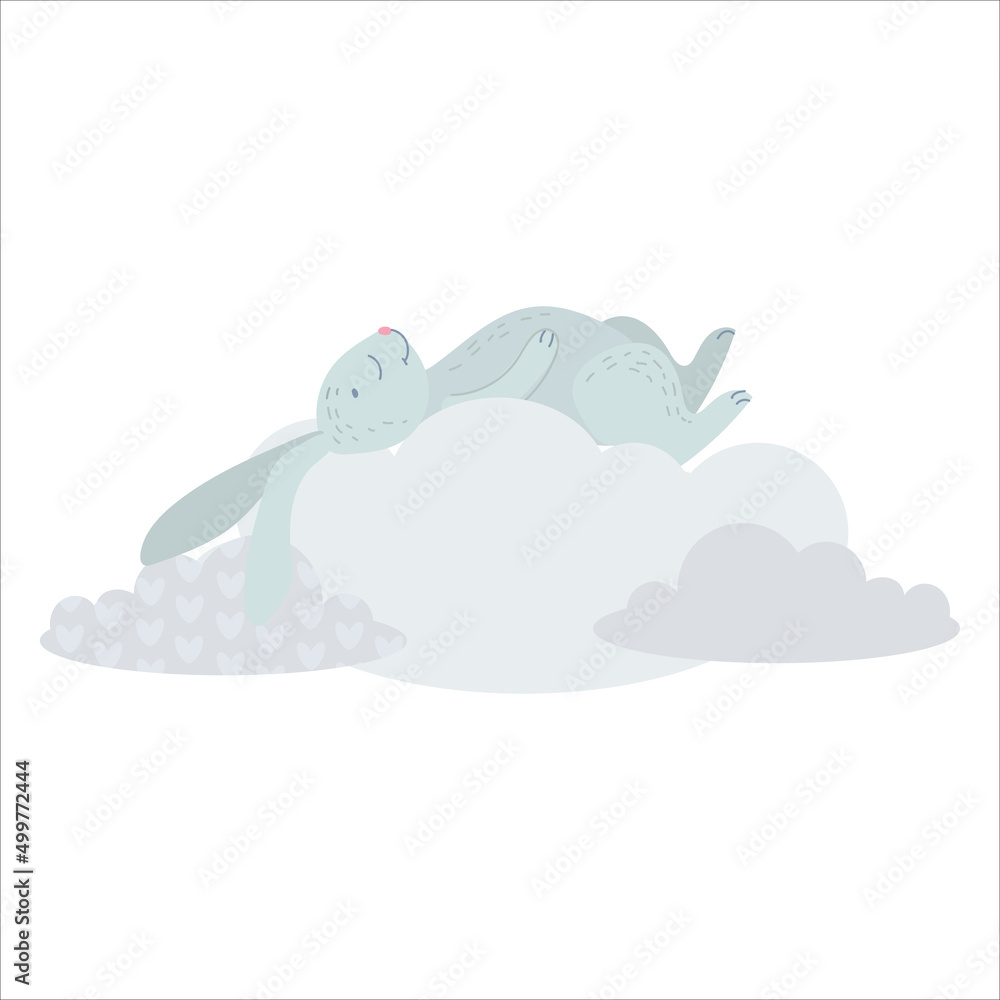 Cute Rabbit is sleeping on a cloud. A gray bunny is hiding among the clouds. Balloons and airship. Children's illustration, Cute print, vector. Isolated on a white background. Cute Rabbit is sleeping on a cloud. A gray bunny is hiding among the clouds. Balloons and airship. Children's illustration, Cute print, vector. Isolated on a white background.