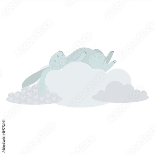 Cute Rabbit is sleeping on a cloud. A gray bunny is hiding among the clouds. Balloons and airship. Children's illustration, Cute print, vector. Isolated on a white background.