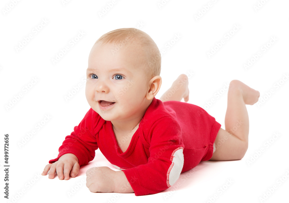 Happy Smiling Baby lying on Stomach over White Background in Cotton Bodysuit. Infant four month Child in Red long Sleeve Babies Onesies crawling. Active Baby Boy isolated looking forward Happy Smiling Baby lying on Stomach over White Background in Cotton Bodysuit. Infant four month Child in Red long Sleeve Babies Onesies crawling. Active Baby Boy isolated looking forward