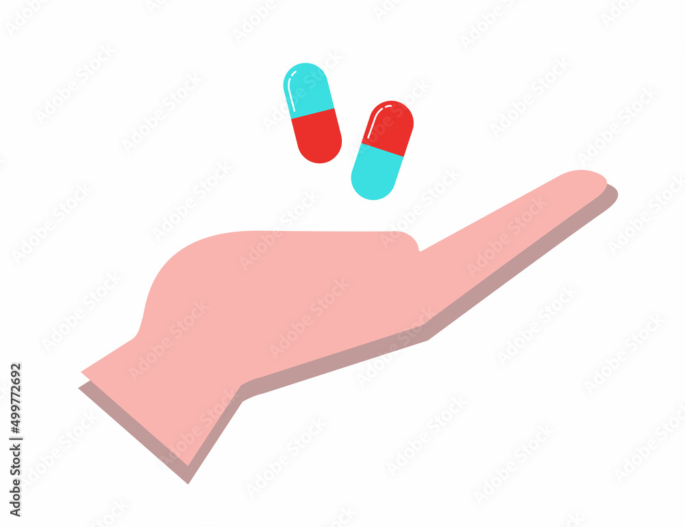 Two capsule pills in hand side view. Capsule pills in human hand. Design elements for healthcare, medicine, pill reminder app, medical banners and posters. Vector illustration in flat style Two capsule pills in hand side view. Capsule pills in human hand. Design elements for healthcare, medicine, pill reminder app, medical banners and posters. Vector illustration in flat style