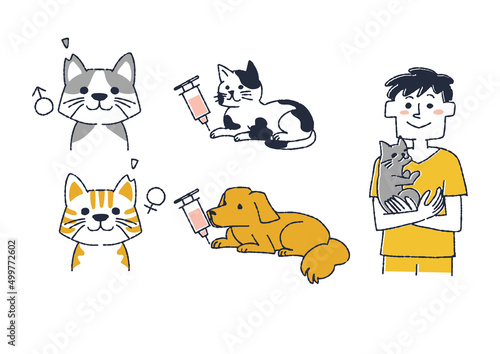 犬猫の保護活動のイラストセット　コミカルな手書きの人物　ベクター、線画にカラー