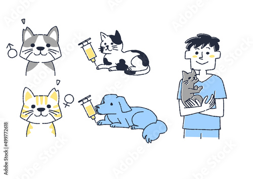 犬猫の保護活動のイラストセット　コミカルな手書きの人物　ベクター、線画にカラー