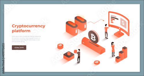 Modern tiny people monitoring virtual money market at cryptocurrency platform isometric landing page vector illustration. Man and woman bitcoin mining farm cyberspace transaction web banner isolated