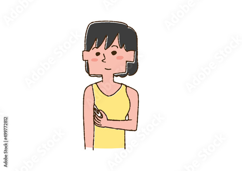 脇の下で熱を測る女性　コミカルな手書きの人物　ベクター、線画にカラー