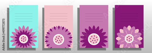 Set of 4 copybook or notebook covers with big flowers. Purple, blue, peach and violet colors. Vector design.