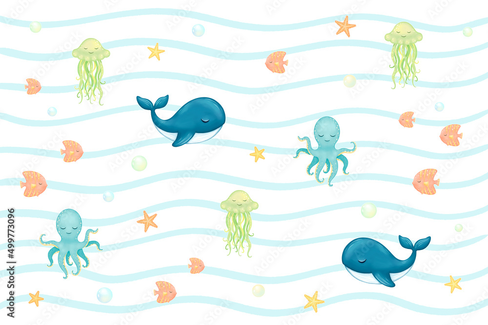 Baby blanket design ,whale, octopus, jellyfish, fish, stars. WWhite background.