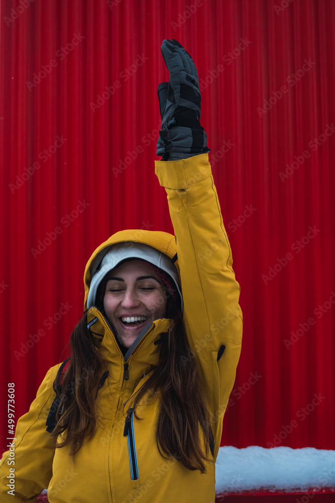 woman facial expression with red background