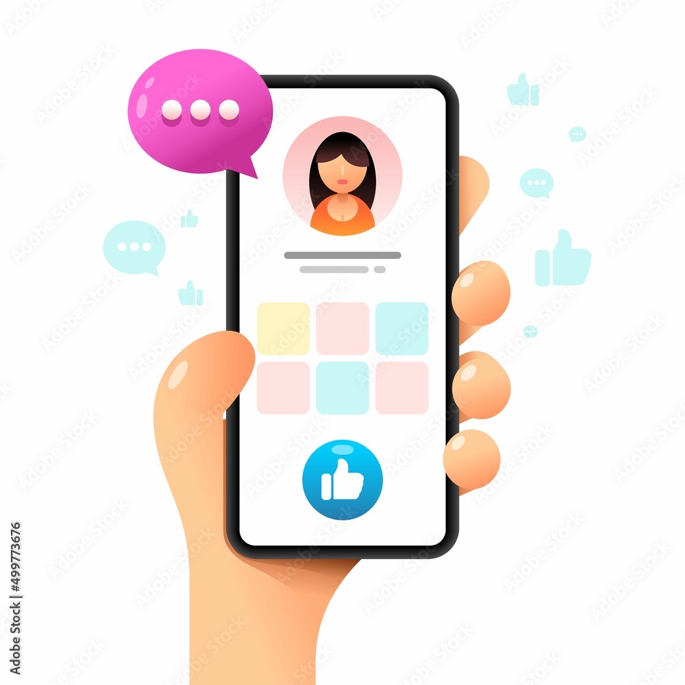 Smartphone mockup in human hand. Profile page with Like button. Vector colorful social media illustration. Instagram, Whatsapp, Skype Smartphone mockup in human hand. Profile page with Like button. Vector colorful social media illustration. Instagram, Whatsapp, Skype