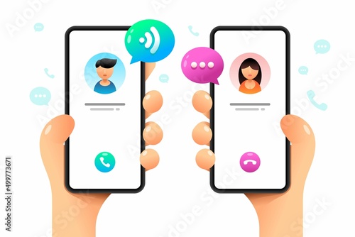 Smartphone mockup in human hand. Calls to each other. Contacting someone. Messaging. Vector colorful social media illustration. Instagram, Whatsapp, Skype