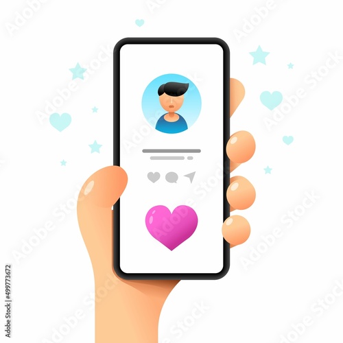 Smartphone mockup in human hand. Profile screen. Perfect love match. Vector colorful social media illustration. Instagram, Whatsapp, Skype