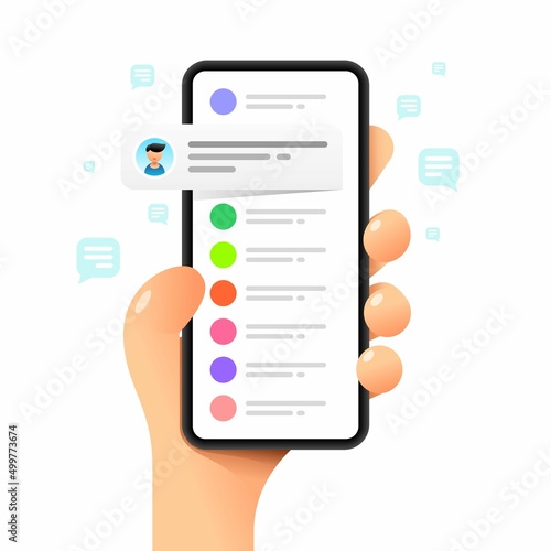 Smartphone mockup in human hand. Chat communications. Messaging. Vector colorful social media illustration. Instagram, Whatsapp, Skype
