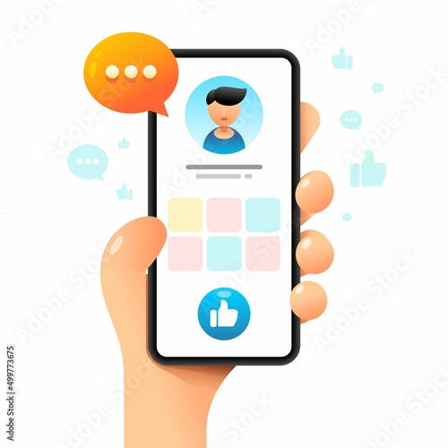 Smartphone mockup in human hand. Profile page with Like button. Vector colorful social media illustration. Instagram, Whatsapp, Skype