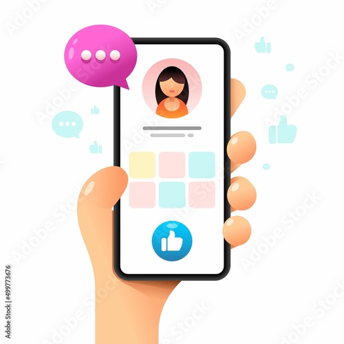 Smartphone mockup in human hand. Profile page with Like button. Vector colorful social media illustration. Instagram, Whatsapp, Skype