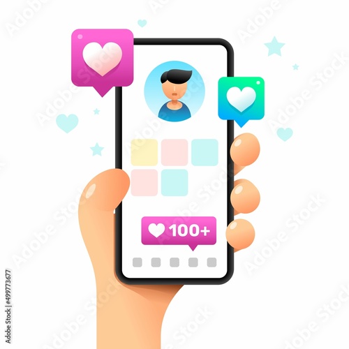 Smartphone mockup in human hand. Profile screen with a lot of likes. Vector colorful social media illustration. Instagram, Whatsapp, Skype